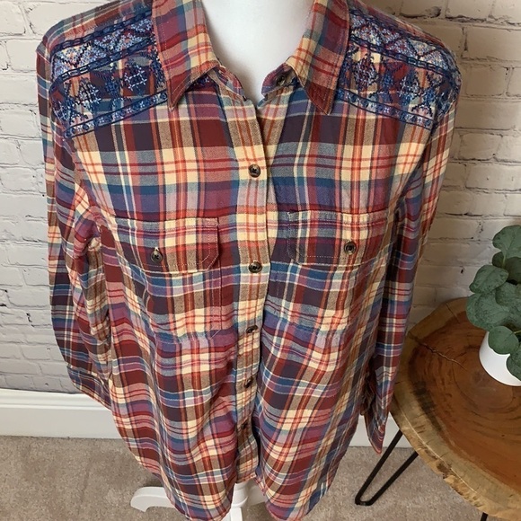 Chaps Flannel Top with Embroidery Detail on Shoulders - Picture 4 of 13